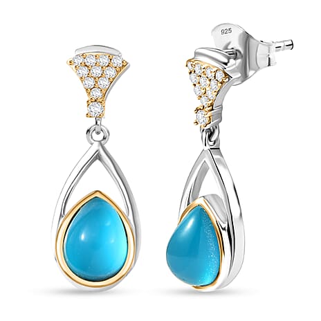 D'Joy Paraiba Moonstone & White Zircon Dangling Earring with Push Back in Yellow Gold Plated & Platinum Overlay Sterling Silver 2.41 Ct.