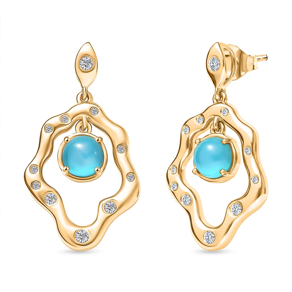 D'Joy Paraiba Moonstone & White Zircon Earring with Push Back in 18K Yellow Gold Plated Sterling Silver 2.57 Ct, Silver Wt. 4.92 Gms.