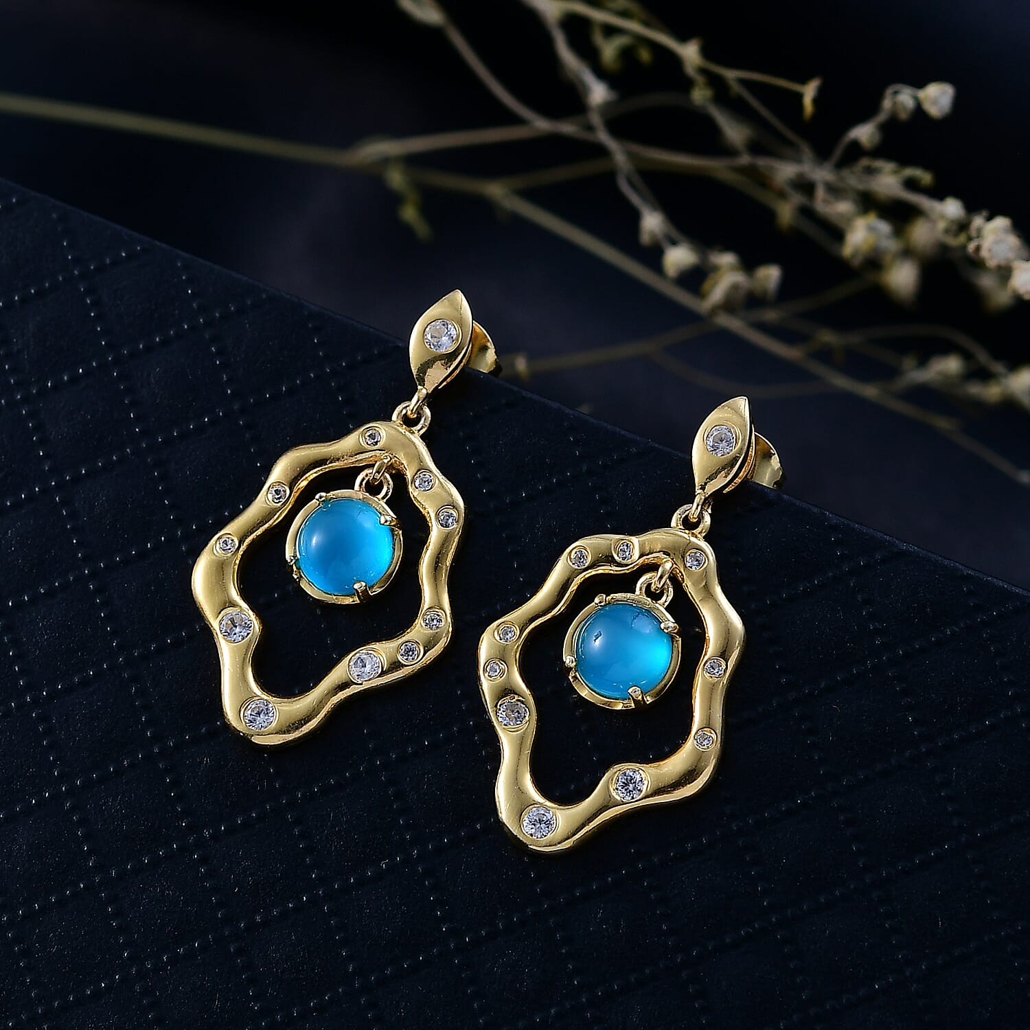 D'Joy Paraiba Moonstone & White Zircon Earring with Push Back in 18K Yellow Gold Plated Sterling Silver 2.57 Ct, Silver Wt. 4.92 Gms.