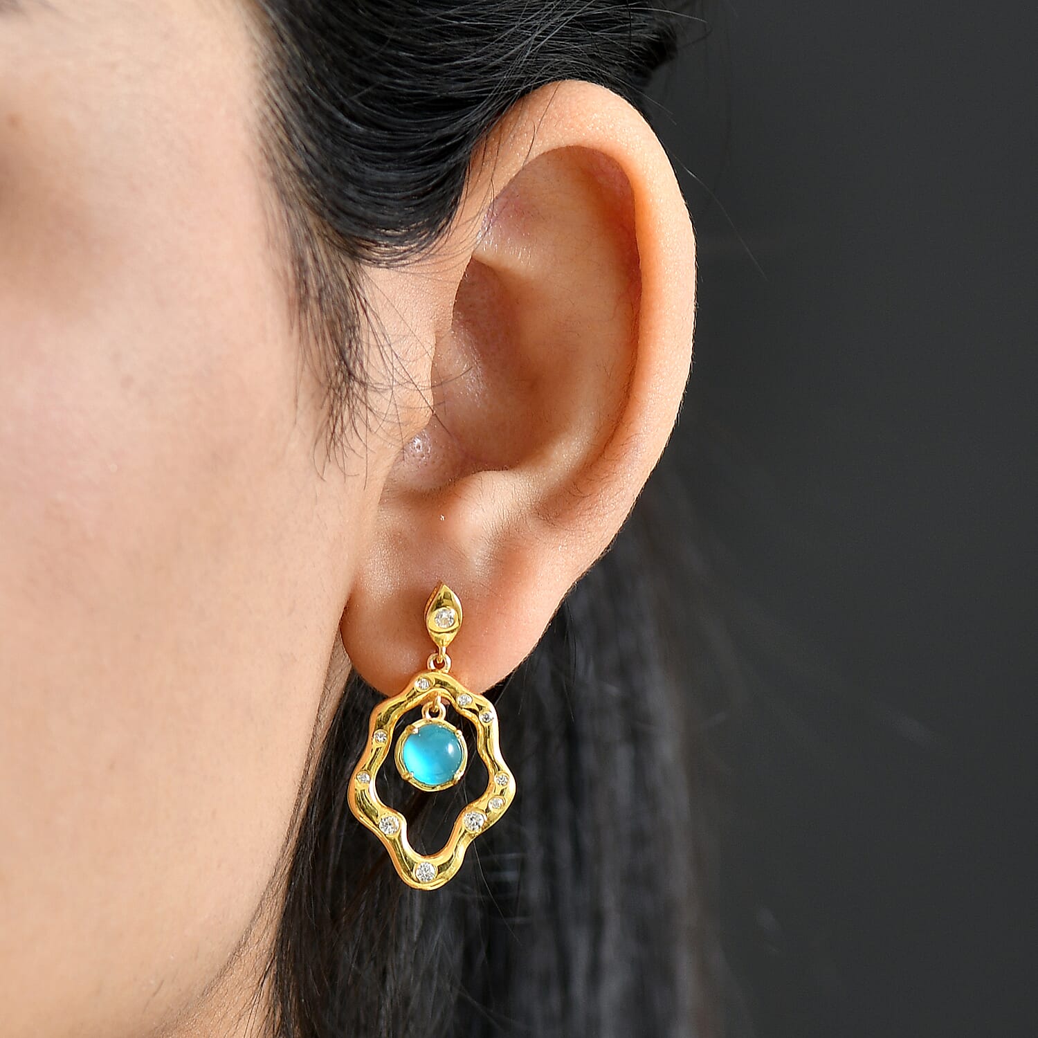 D'Joy Paraiba Moonstone & White Zircon Earring with Push Back in 18K Yellow Gold Plated Sterling Silver 2.57 Ct, Silver Wt. 4.92 Gms.