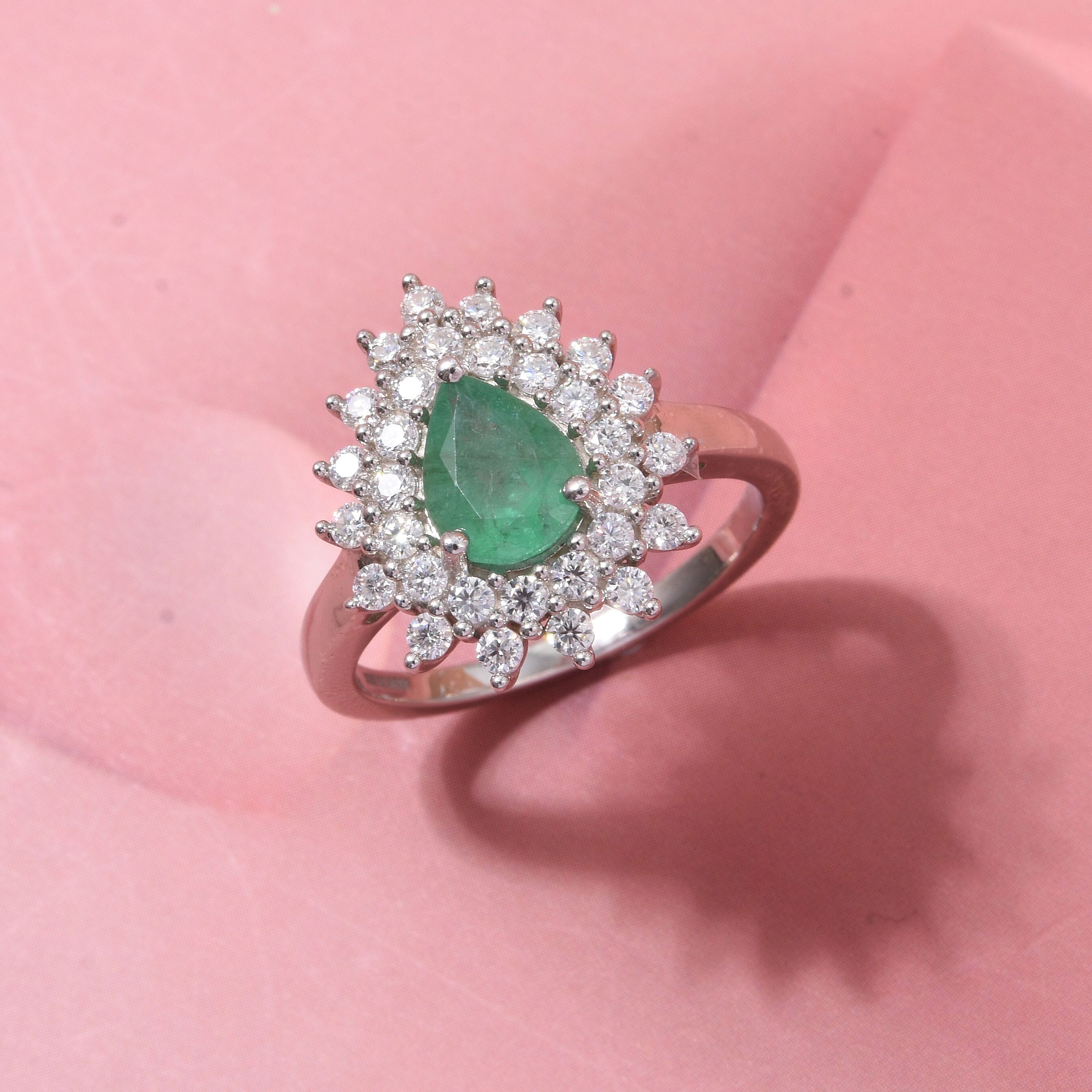 D'Joy Emerald & Moissanite Ring in Rhodium Overlay Sterling Silver 1.56 Ct.