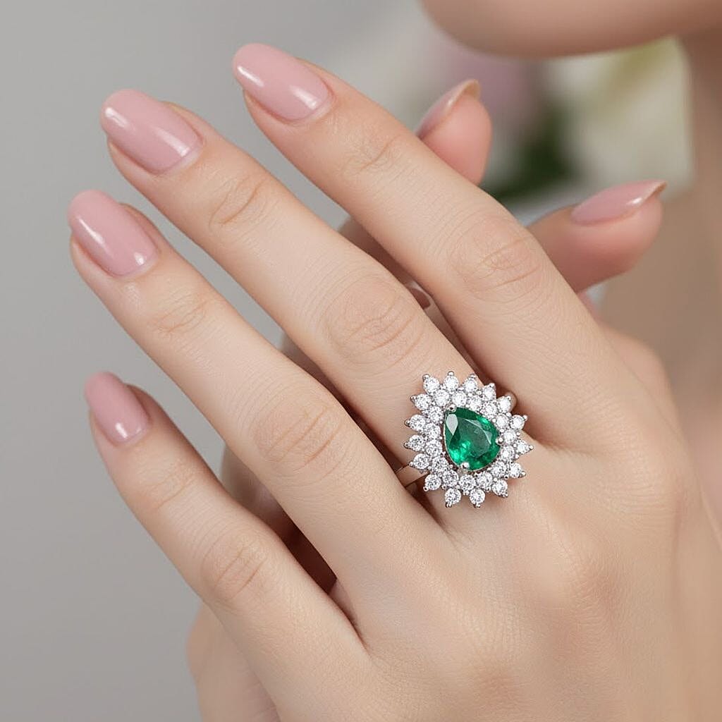 D'Joy Emerald & Moissanite Ring in Rhodium Overlay Sterling Silver 1.56 Ct.