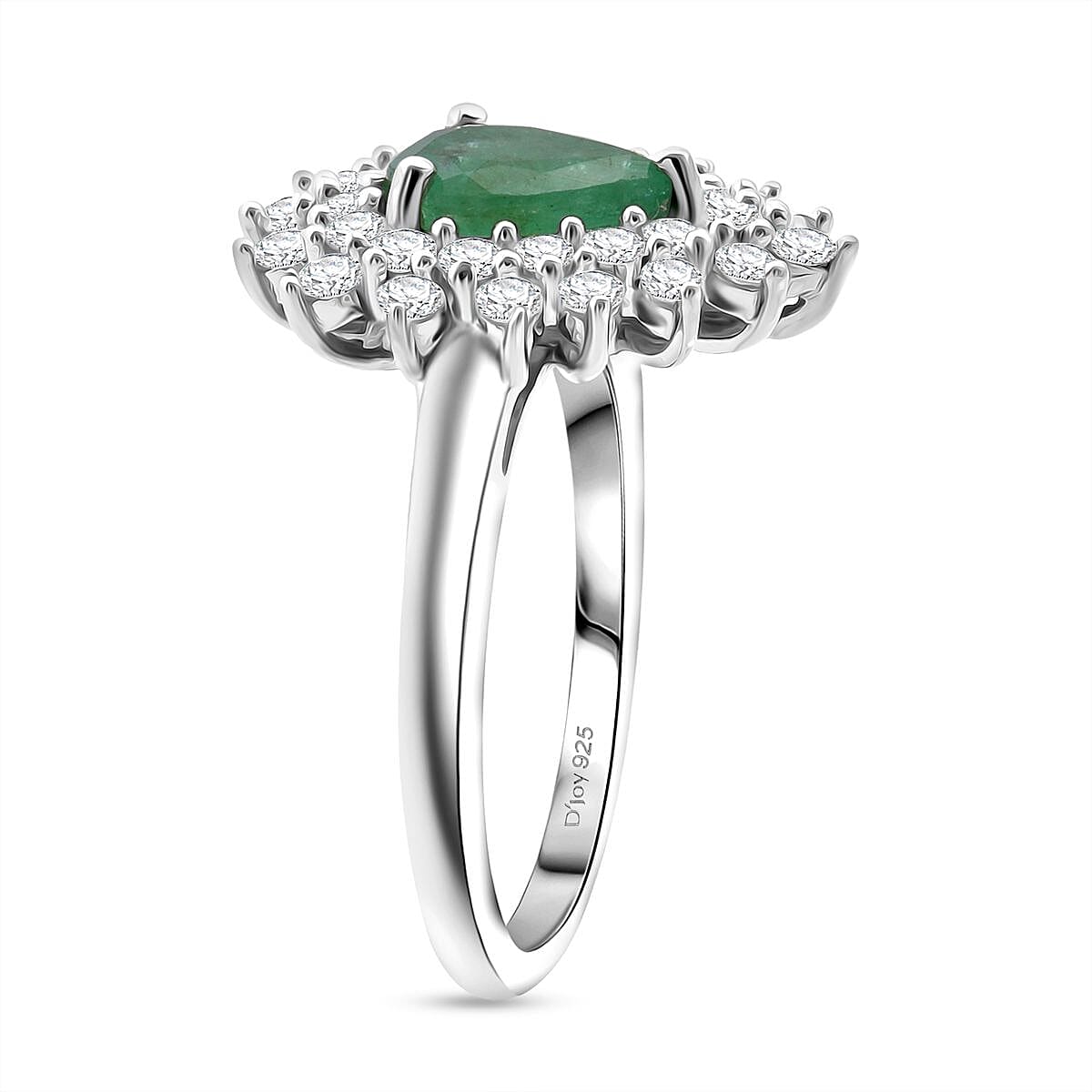 D'Joy Emerald & Moissanite Ring in Rhodium Overlay Sterling Silver 1.56 Ct.