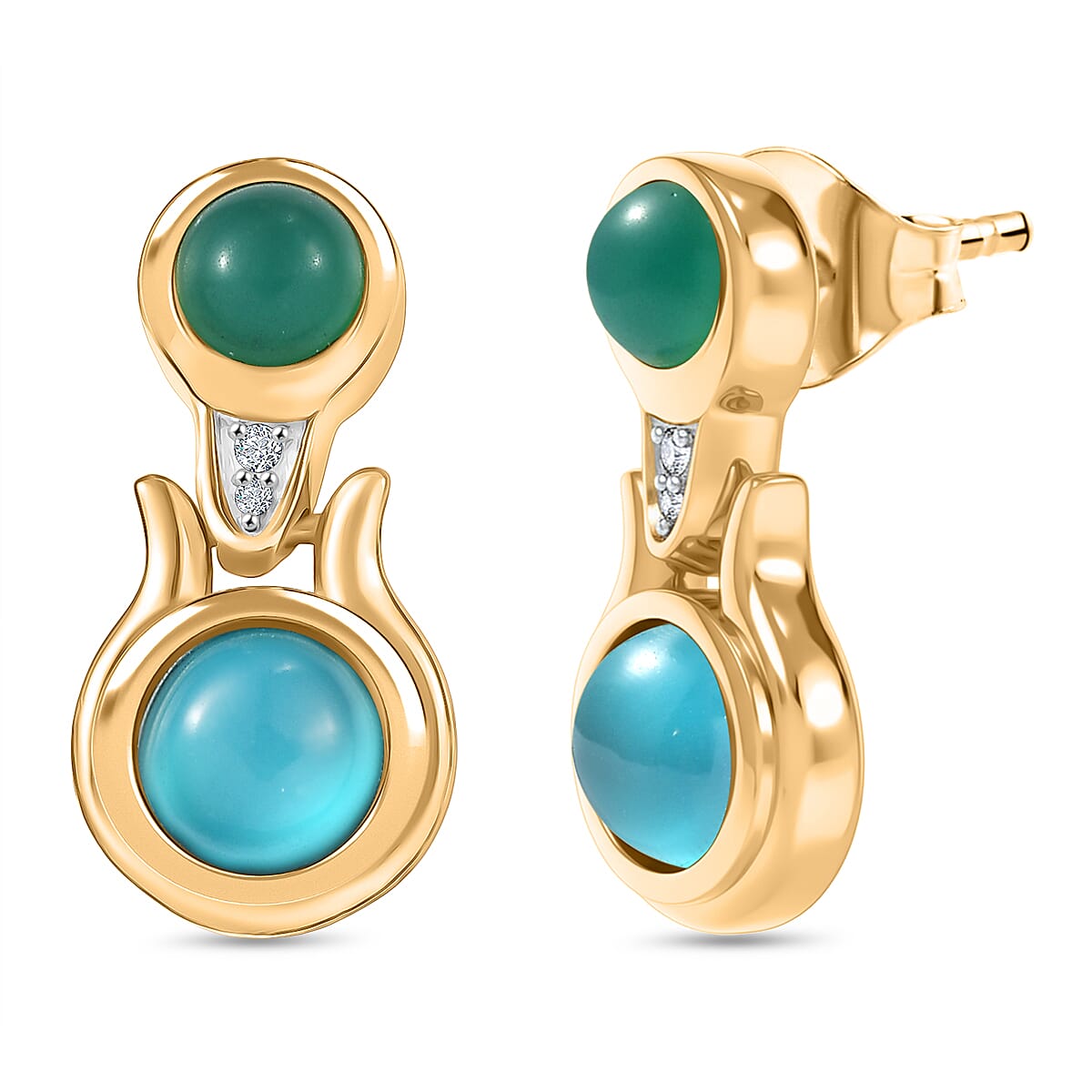 D'Joy Paraiba Moonstone, Green Onyx & White Zircon Dangling Earring with Push Back in 18K Yellow Gold Plated Sterling Silver 3.56 Ct.