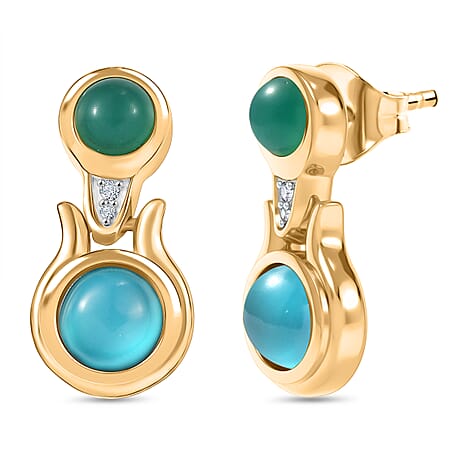 D'Joy Paraiba Moonstone, Green Onyx & White Zircon Dangling Earring with Push Back in 18K Yellow Gold Plated Sterling Silver 3.56 Ct.