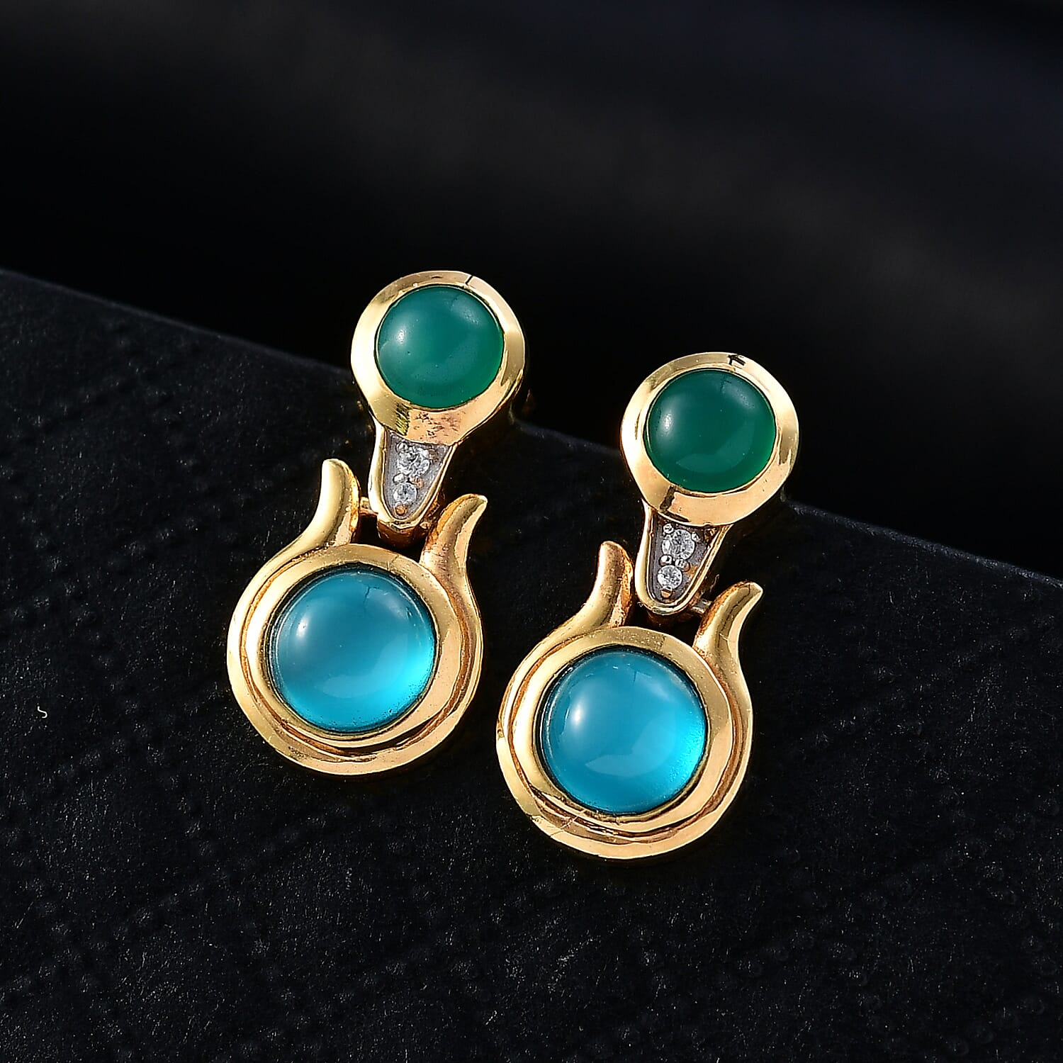 D'Joy Paraiba Moonstone, Green Onyx & White Zircon Dangling Earring with Push Back in 18K Yellow Gold Plated Sterling Silver 3.56 Ct.