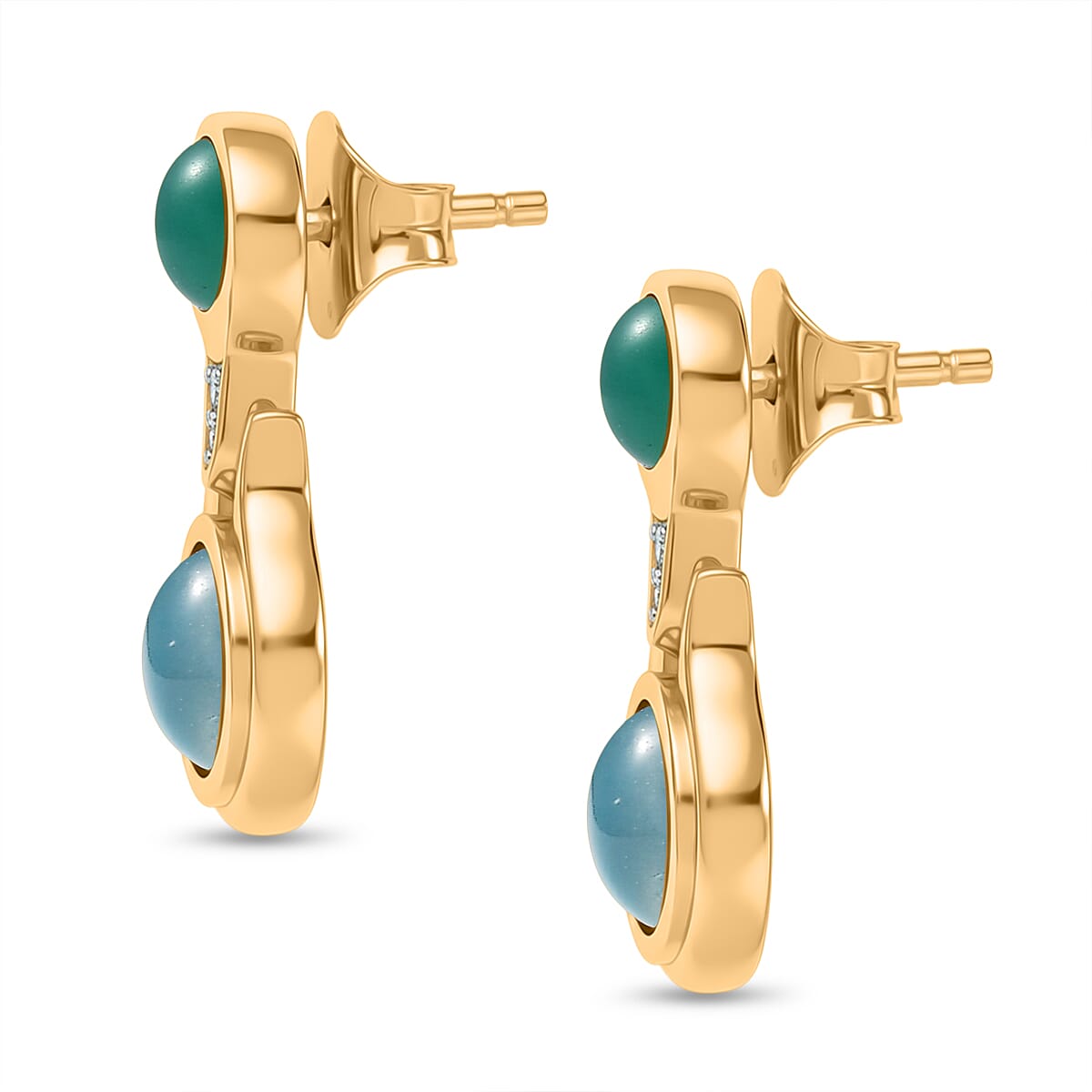 D'Joy Paraiba Moonstone, Green Onyx & White Zircon Dangling Earring with Push Back in 18K Yellow Gold Plated Sterling Silver 3.56 Ct.