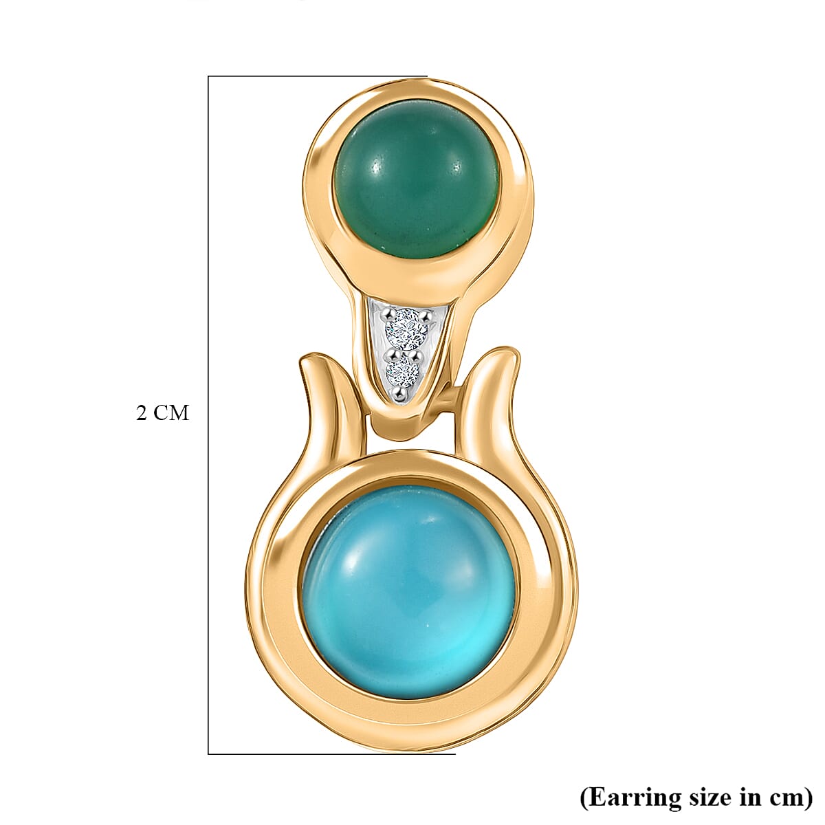 D'Joy Paraiba Moonstone, Green Onyx & White Zircon Dangling Earring with Push Back in 18K Yellow Gold Plated Sterling Silver 3.56 Ct.