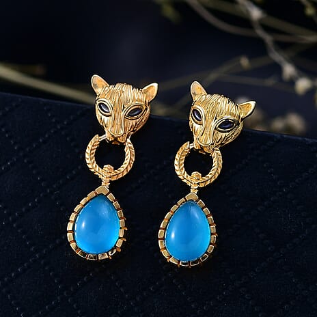 D'Joy Paraiba Moonstone Living Creature Earring with Push Back in 18K Yellow Gold Plated Sterling Silver 1.97 Ct.