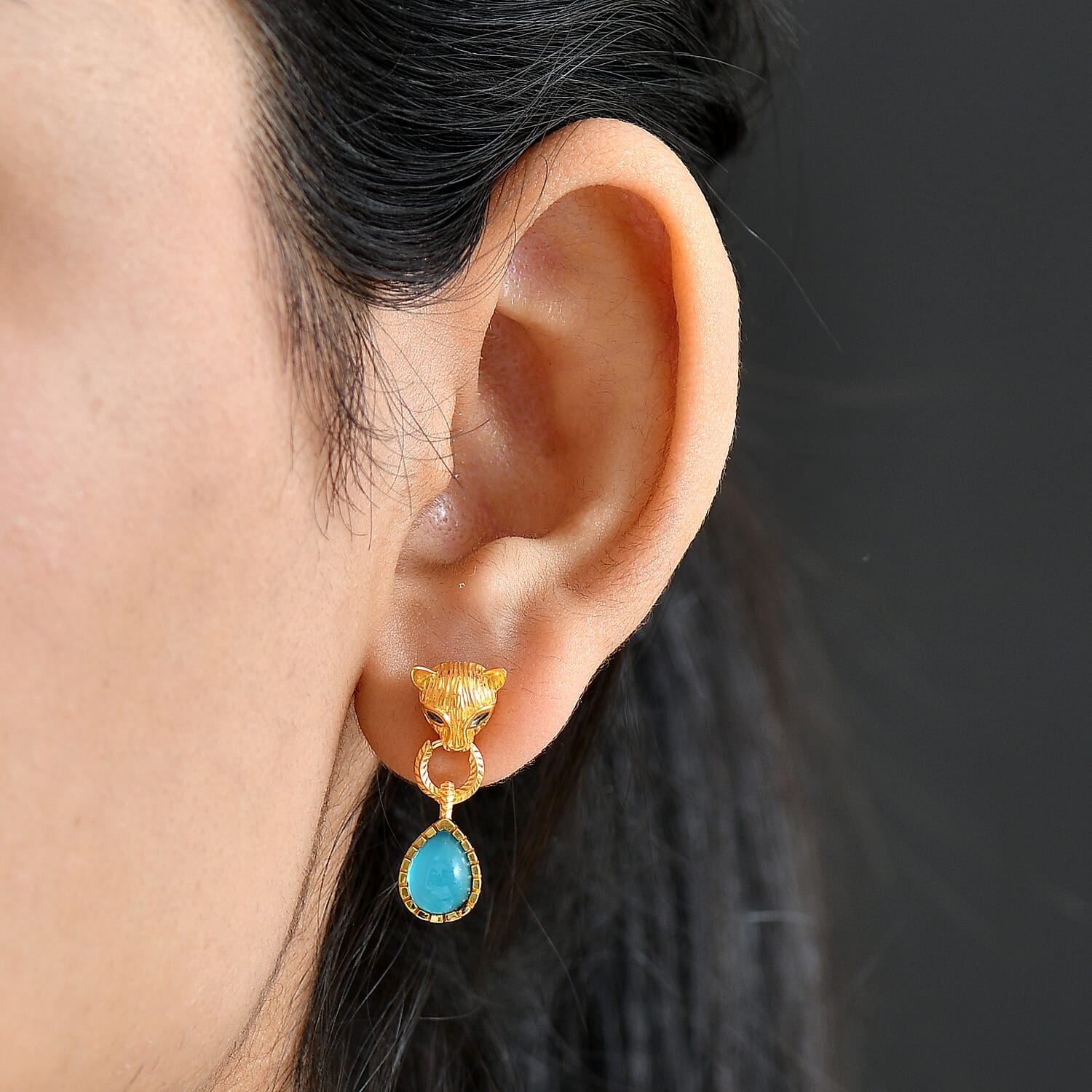 D'Joy Paraiba Moonstone Living Creature Earring with Push Back in 18K Yellow Gold Plated Sterling Silver 1.97 Ct.
