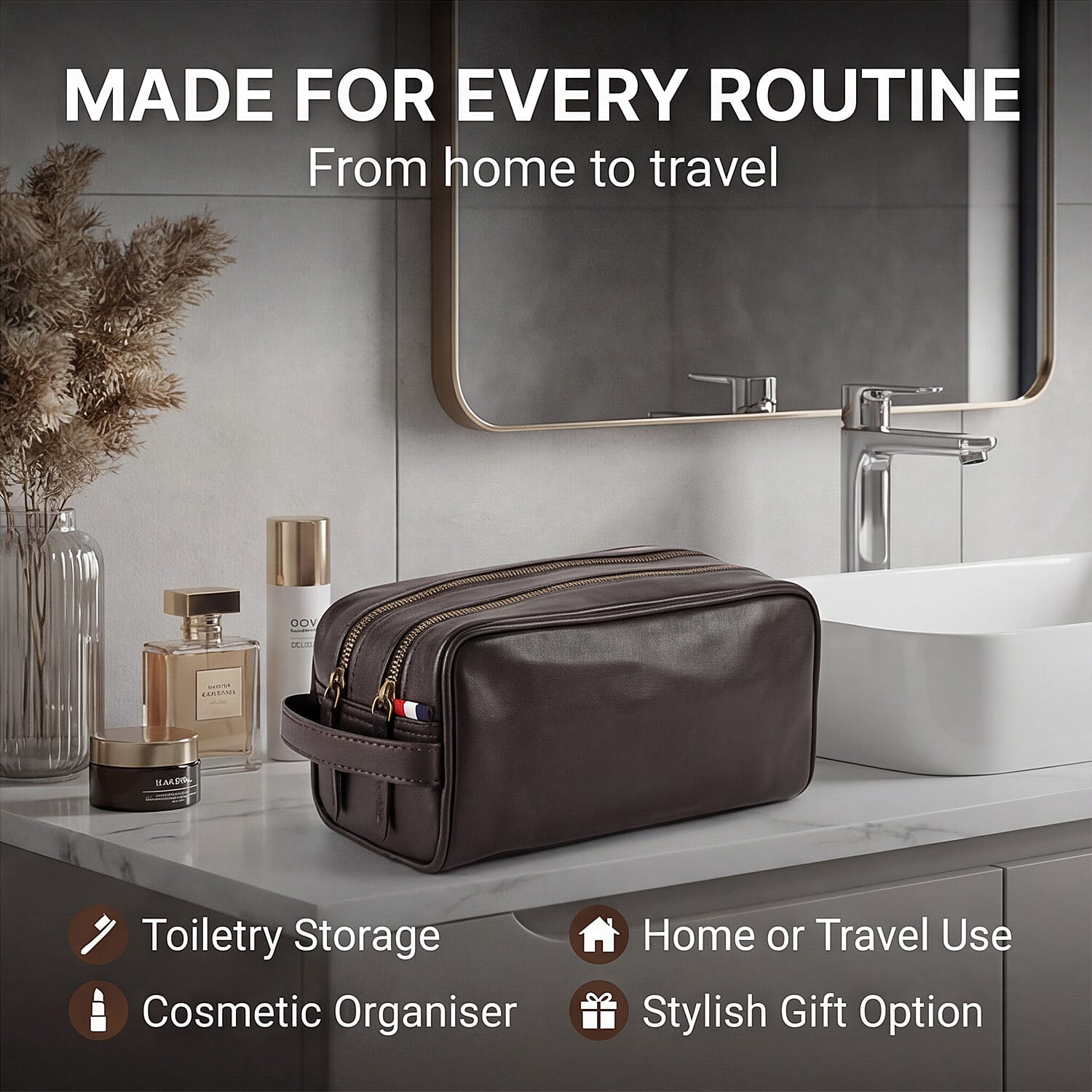 VALISSIERE Faux-Leather Travel Cosmetic - Toiletry Bag - Dark Brown