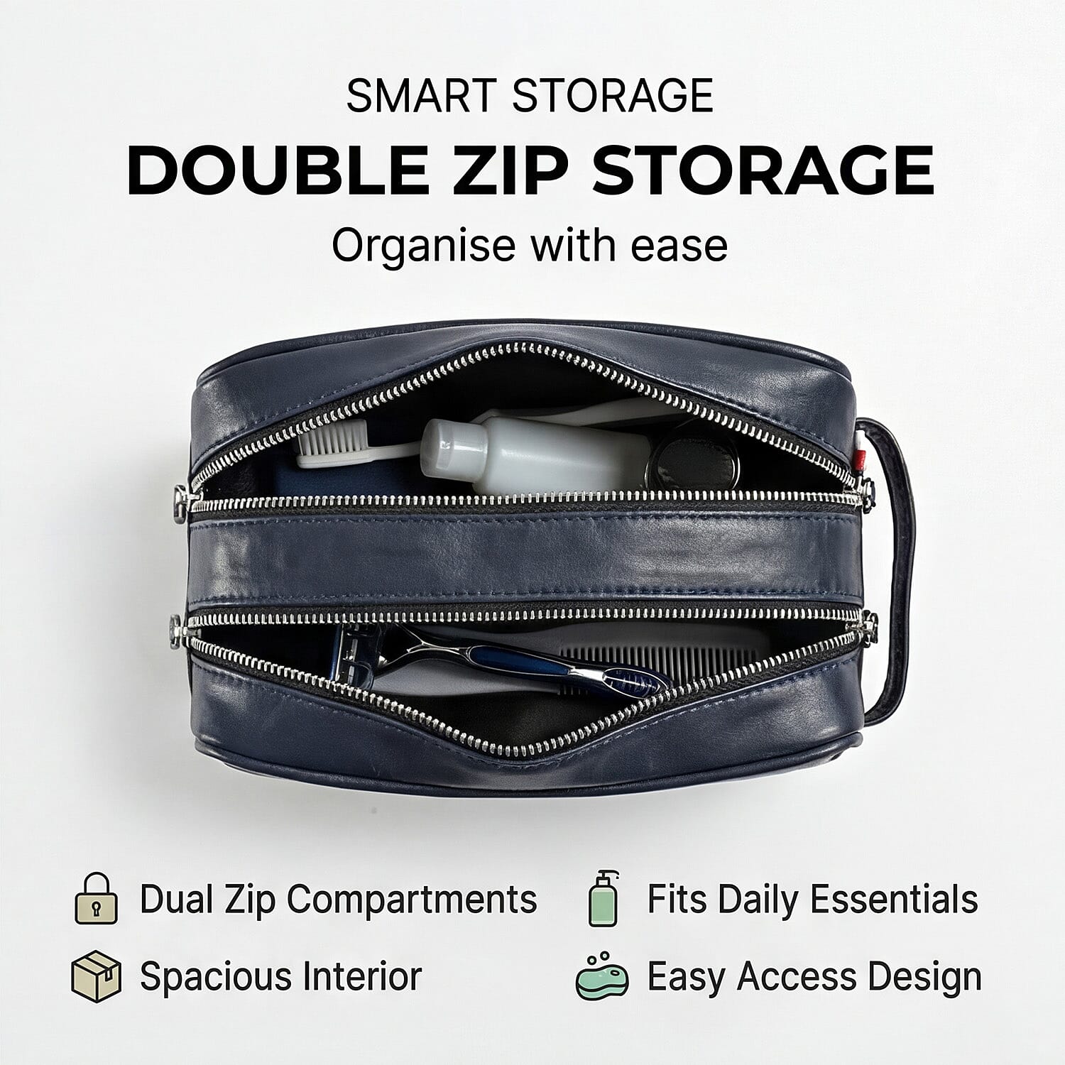 VALISSIERE Mens Faux-Leather Travel Cosmetic - Toiletry Bag - Navy