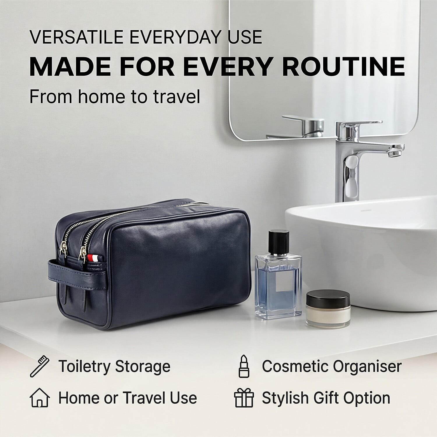 VALISSIERE Mens Faux-Leather Travel Cosmetic - Toiletry Bag - Navy