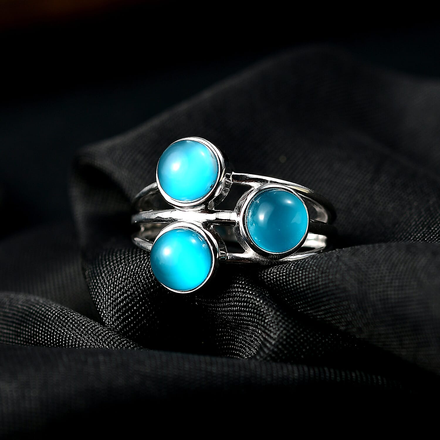 D'Joy Paraiba Moonstone 3 Stone Ring in Platinum Overlay Sterling Silver 2.98 Ct.