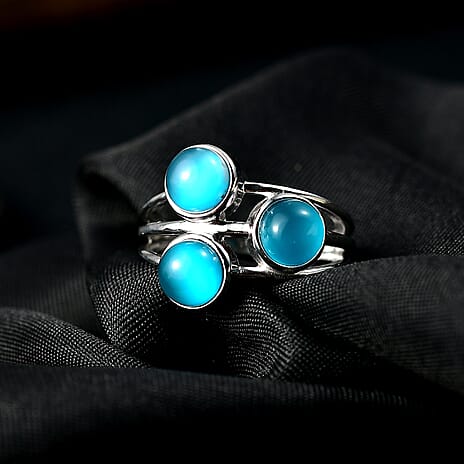 D'Joy Paraiba Moonstone 3 Stone Ring in Platinum Overlay Sterling Silver 2.98 Ct.