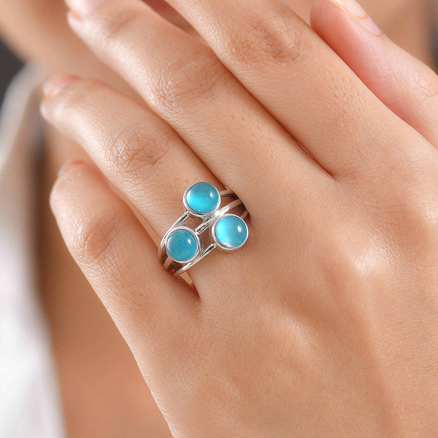 D'Joy Paraiba Moonstone 3 Stone Ring in Platinum Overlay Sterling Silver 2.98 Ct.
