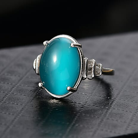 D'Joy Paraiba Moonstone & Natural Diamond Ring in Rhodium Overlay Sterling Silver 6.53 Ct.