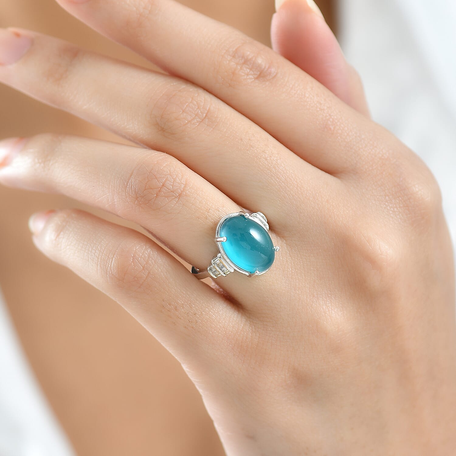 D'Joy Paraiba Moonstone & Natural Diamond  Ring in Rhodium Overlay Sterling Silver 6.53 Ct.