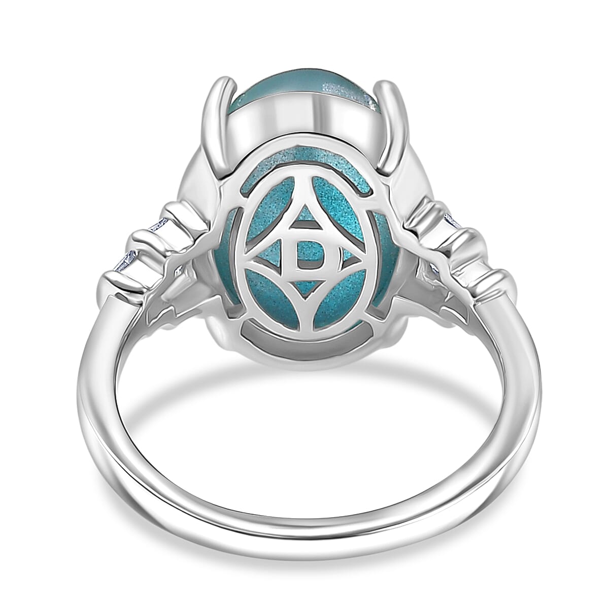 D'Joy Paraiba Moonstone & Natural Diamond  Ring in Rhodium Overlay Sterling Silver 6.53 Ct.