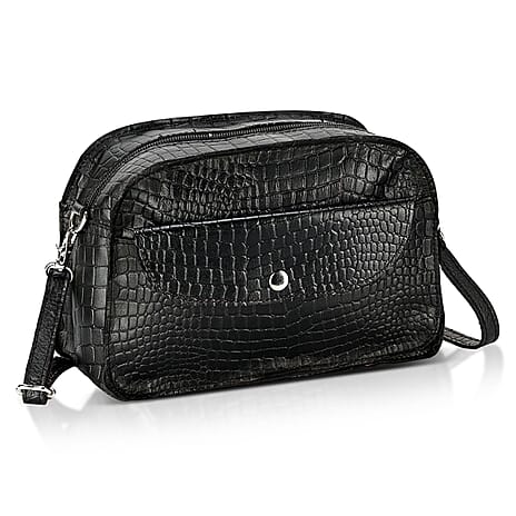 Valliserie 100% Genuine Leather Croco Pattern Crossbody Sling Bag - Black