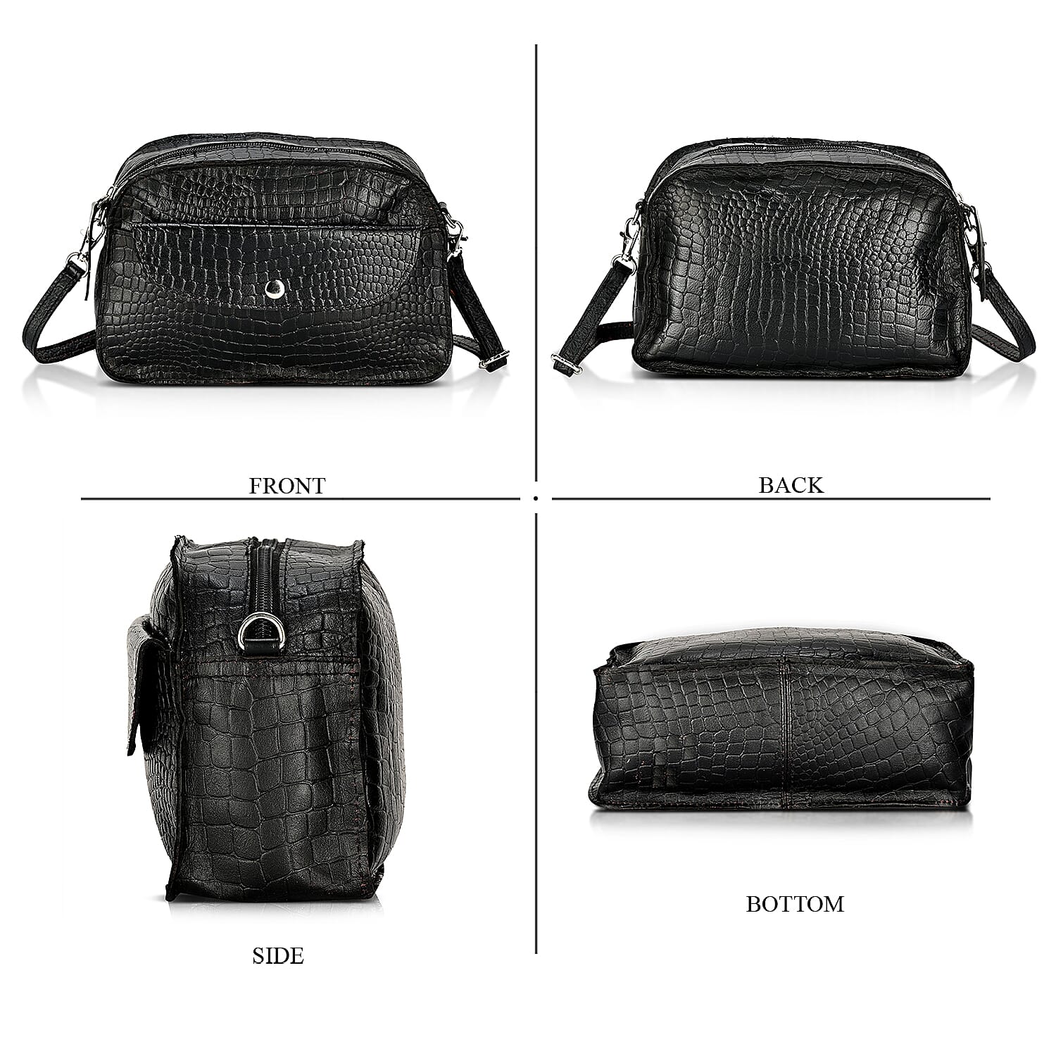 Valliserie 100% Genuine Leather Croco Pattern Crossbody Sling Bag - Black