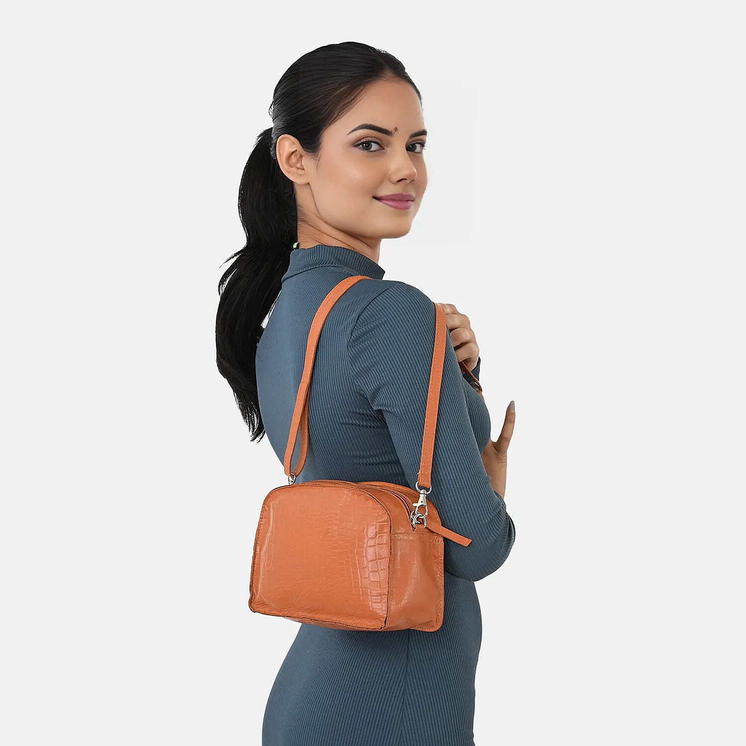 Valliserie 100% Genuine Leather Croco Pattern Crossbody Sling Bag - Tan