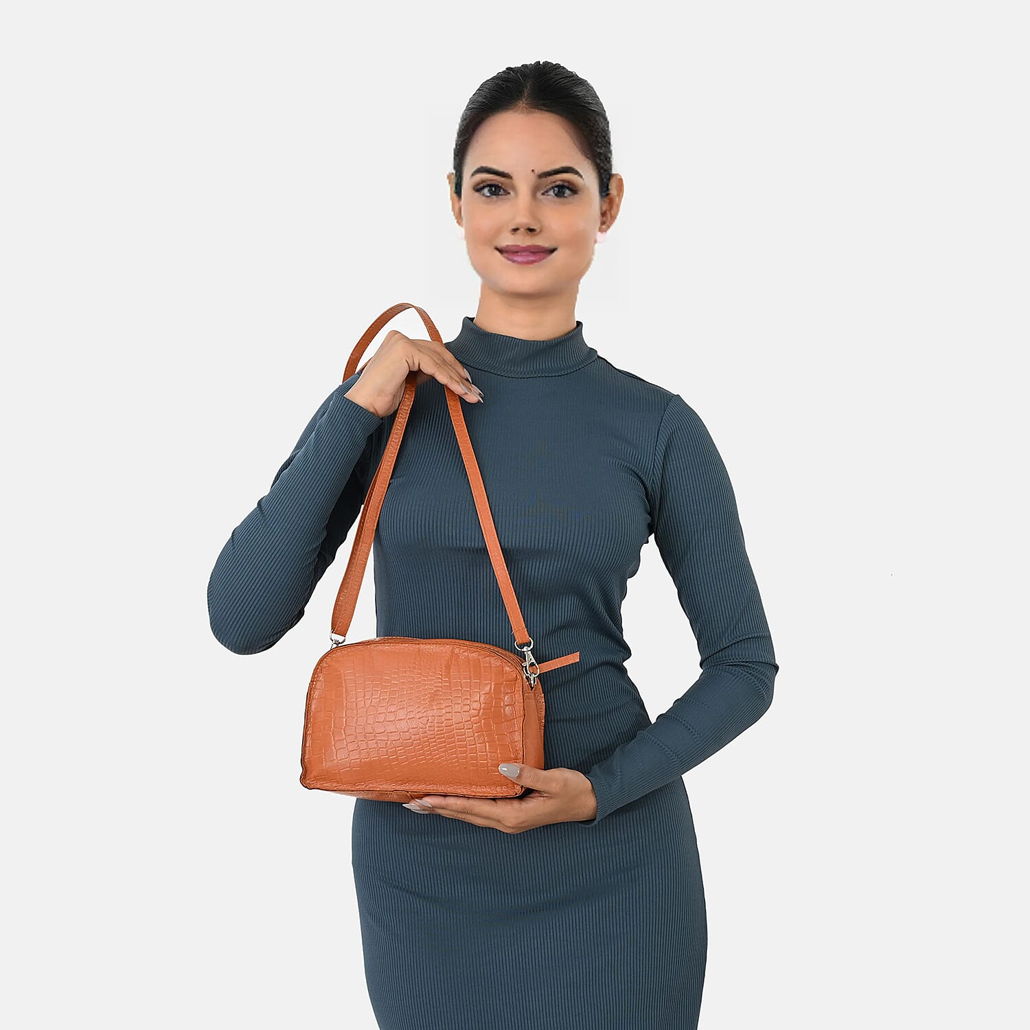 Valliserie 100% Genuine Leather Croco Pattern Crossbody Sling Bag - Tan