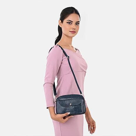 Valliserie 100% Genuine Leather Croco Pattern Crossbody Sling Bag - Navy