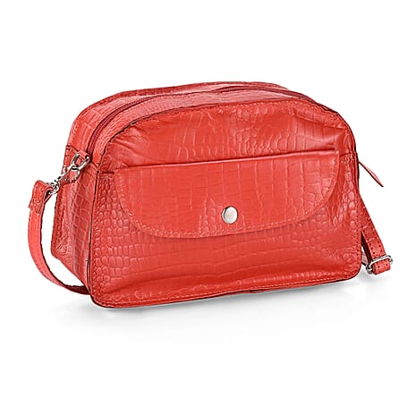 Valliserie 100% Genuine Leather Croco Pattern Crossbody Sling Bag - Red