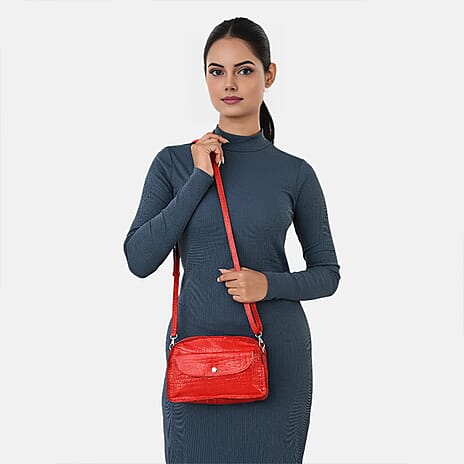 Valliserie 100% Genuine Leather Croco Pattern Crossbody Sling Bag - Red