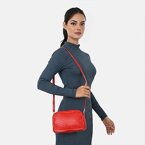Valliserie 100% Genuine Leather Croco Pattern Crossbody Sling Bag - Red