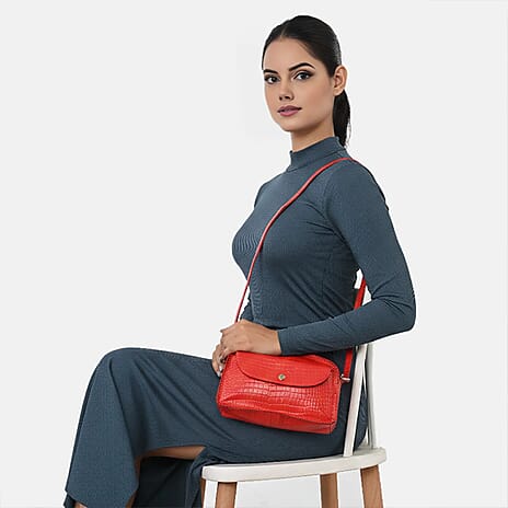 Valliserie 100% Genuine Leather Croco Pattern Crossbody Sling Bag - Red