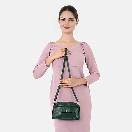 Valliserie 100% Genuine Leather Croco Pattern Crossbody Sling Bag - Green