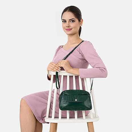 Valliserie 100% Genuine Leather Croco Pattern Crossbody Sling Bag - Green
