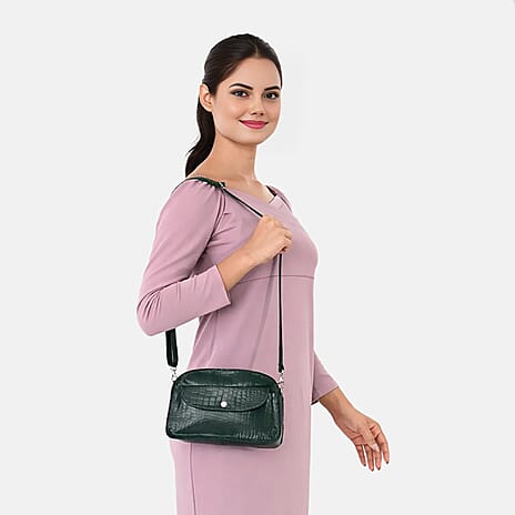 Valliserie 100% Genuine Leather Croco Pattern Crossbody Sling Bag - Green