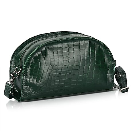 Valissiere Croc Embossed Genuine Leather Crossbody Sling Bag With Front Zip Pocket - Green