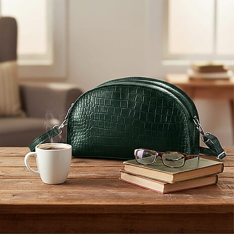 Valissiere Croc Embossed Genuine Leather Crossbody Sling Bag With Front Zip Pocket - Green