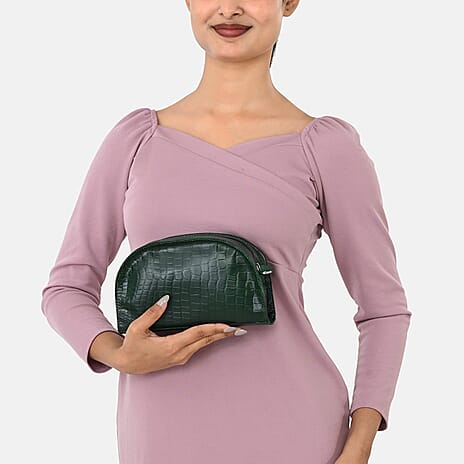 Valissiere Croc Embossed Genuine Leather Crossbody Sling Bag With Front Zip Pocket - Green