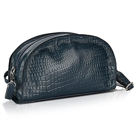 Valissiere Croc Embossed Genuine Leather Crossbody Sling Bag With Front Zip Pocket - Navy