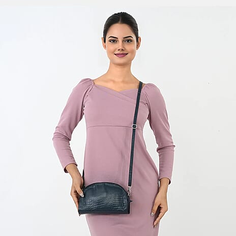 Valissiere Croc Embossed Genuine Leather Crossbody Sling Bag With Front Zip Pocket - Navy