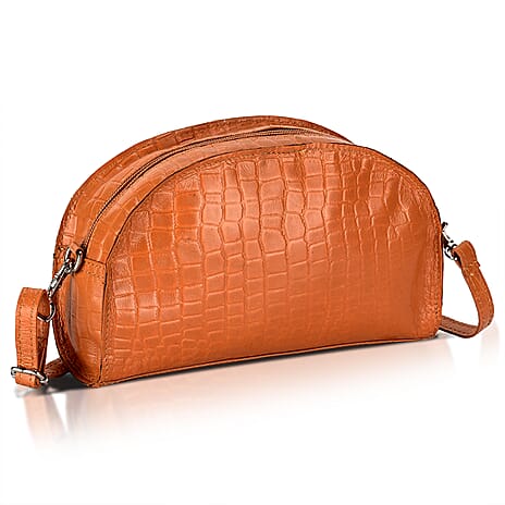 Valissiere Croc Embossed Genuine Leather Crossbody Sling Bag With Front Zip Pocket - Tan