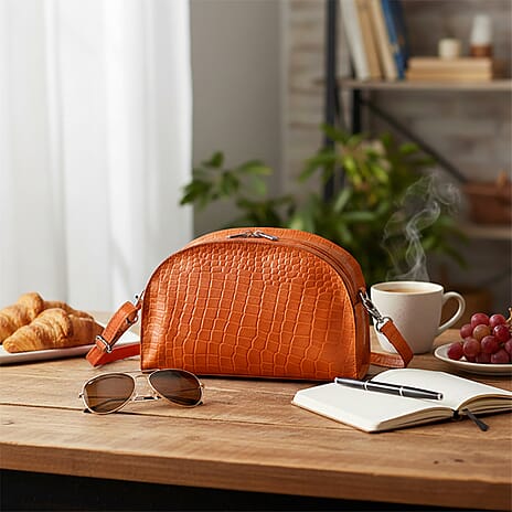 Valissiere Croc Embossed Genuine Leather Crossbody Sling Bag With Front Zip Pocket - Tan