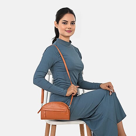 Valissiere Croc Embossed Genuine Leather Crossbody Sling Bag With Front Zip Pocket - Tan