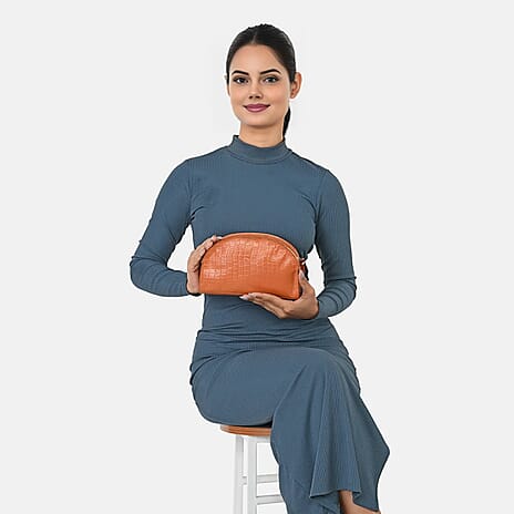 Valissiere Croc Embossed Genuine Leather Crossbody Sling Bag With Front Zip Pocket - Tan