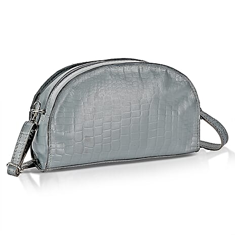 Valissiere Croc Embossed Genuine Leather Crossbody Sling Bag With Front Zip Pocket - Grey