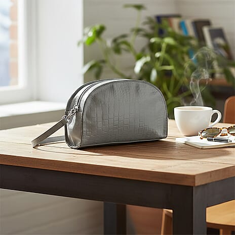 Valissiere Croc Embossed Genuine Leather Crossbody Sling Bag With Front Zip Pocket - Grey