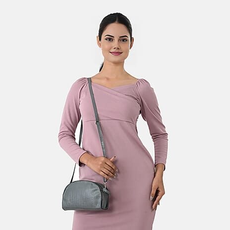 Valissiere Croc Embossed Genuine Leather Crossbody Sling Bag With Front Zip Pocket - Grey