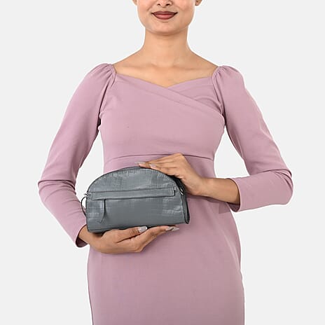 Valissiere Croc Embossed Genuine Leather Crossbody Sling Bag With Front Zip Pocket - Grey