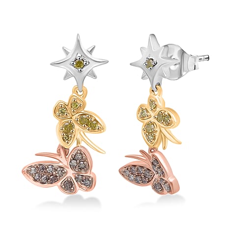 GP - Italian Garden Collection Champagne Diamond (SI-CP), Kanchanaburi Blue Sapphire & Yellow Diamond Earring with Push Back in Tri Colour Plated Sterling Silver 0.31 Ct.