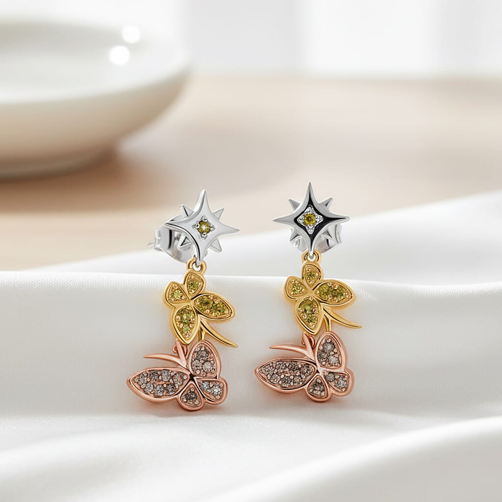 GP - Italian Garden Collection Champagne Diamond (SI-CP), Kanchanaburi Blue Sapphire & Yellow Diamond Earring with Push Back in Tri Colour Plated Sterling Silver 0.31 Ct.